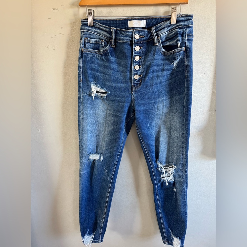 Vervet blue buttonfly distressed skinny with flaw size 30